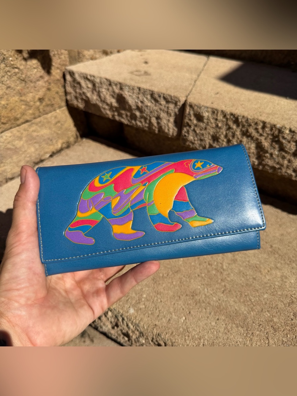 Blue Leather Clutch Wallet with Colorful Bear Motif